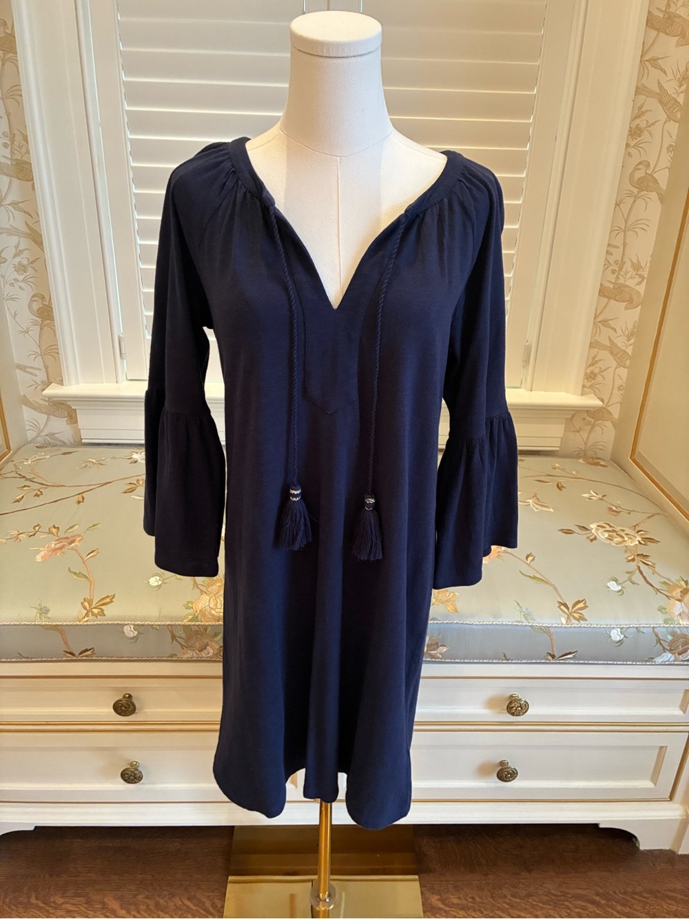 Lilly Pulitzer Del Lago Navy Blue Tunic Dress with Bell Sleeves & Tassels